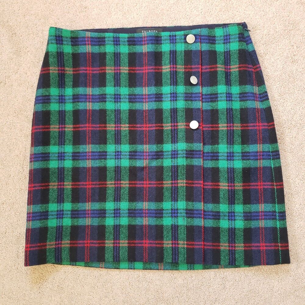Talbots Skirt Green Tartan Plaid Wool Blend Lined Straight Academia Petite 12